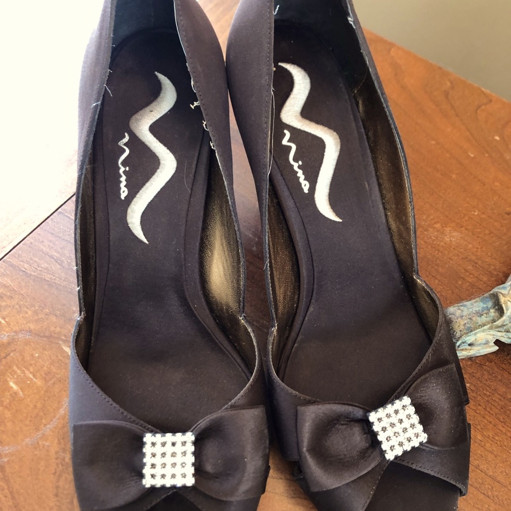 Cocoa Brown Satin with Rhinestone buckle with bow by Nina.  Size 9.5.